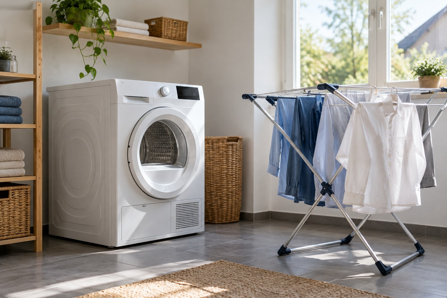 A compact modern tumble dryer next to a folding rack with drying cotton shirts in a bright utility room.