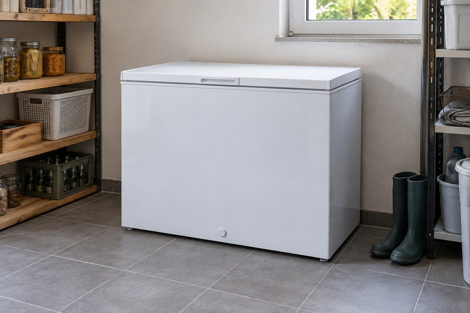 A white domestic chest freezer with closed lid in a small utility room.