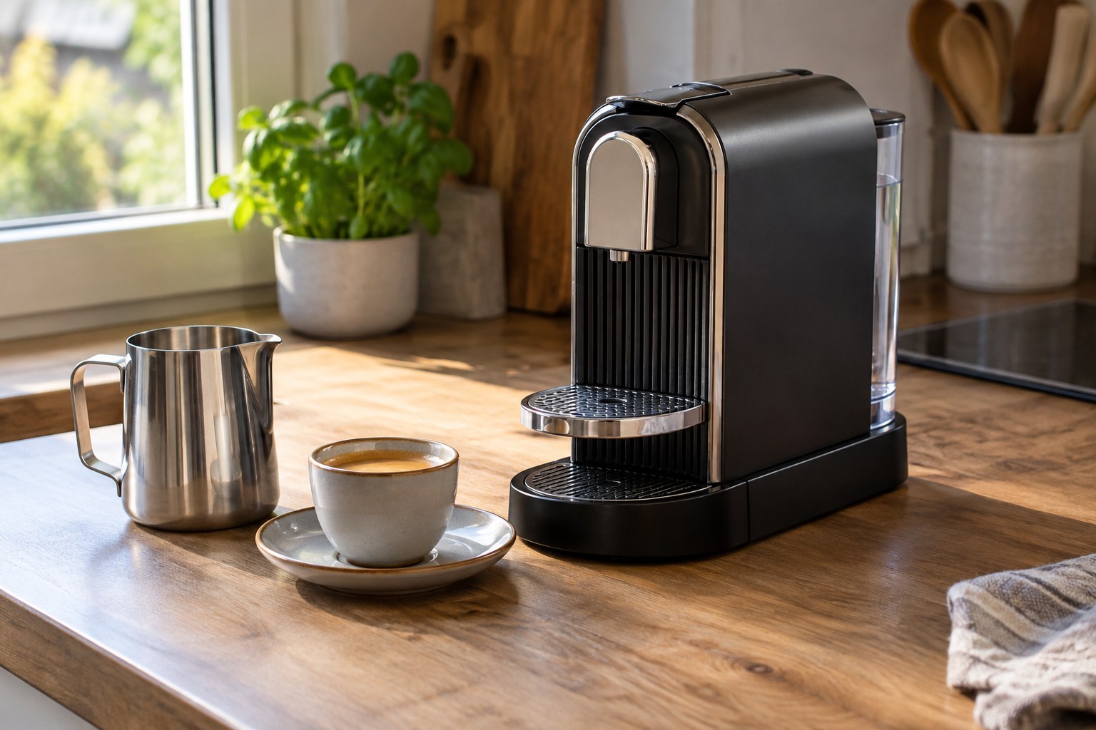 Compact espresso machine beside a cup of espresso and a separate small milk pitcher on kitchen counter.