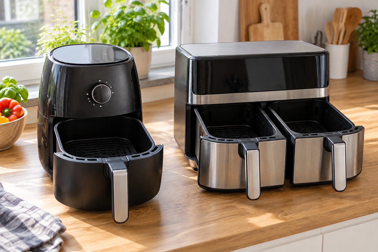 A single-basket air fryer and a dual-drawer air fryer side by side.