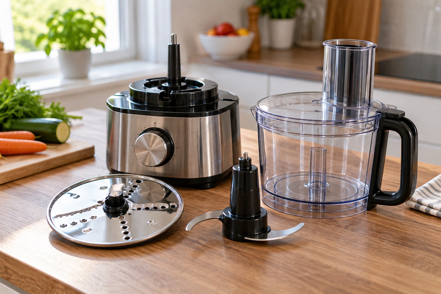 Food processor with its removable slicing disc dough blade and chopping bowl neatly separated on counter.