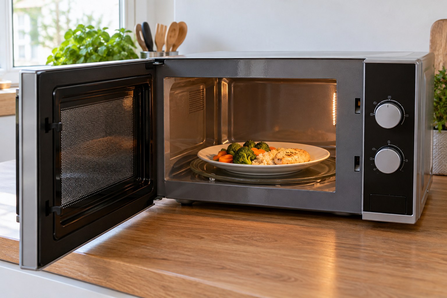 Open microwave showing a ceramic dinner plate sitting flat on the glass turntable.