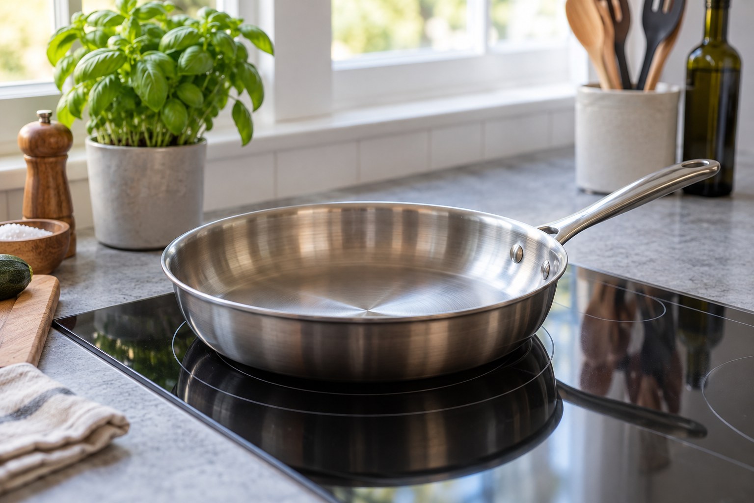 Stainless steel induction frying pan centred on a visible round induction hob cooking zone.