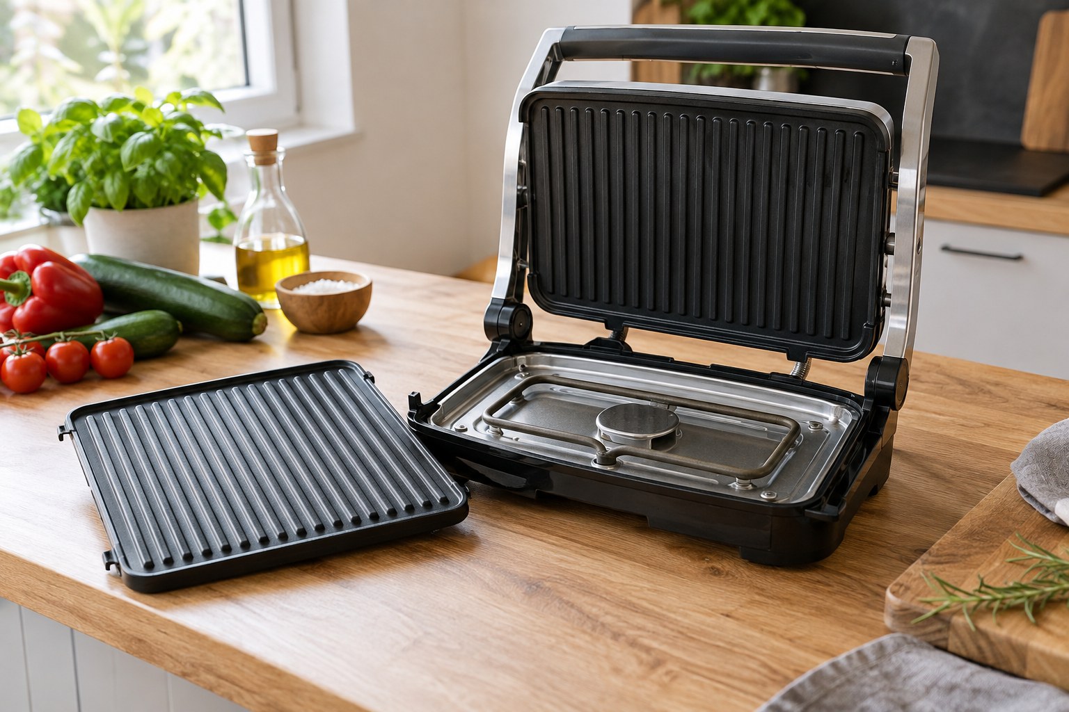 Unplugged open electric contact grill with one removable ribbed cooking plate resting beside it.