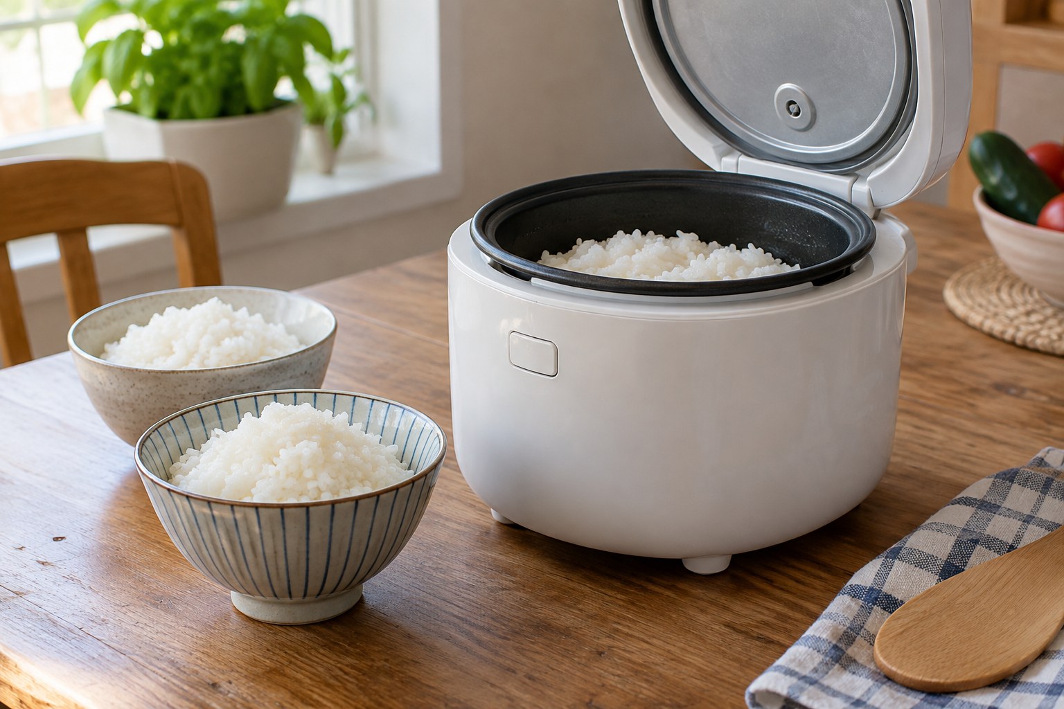 Small rice cooker with open lid and a modest portion of cooked white rice beside two bowls.