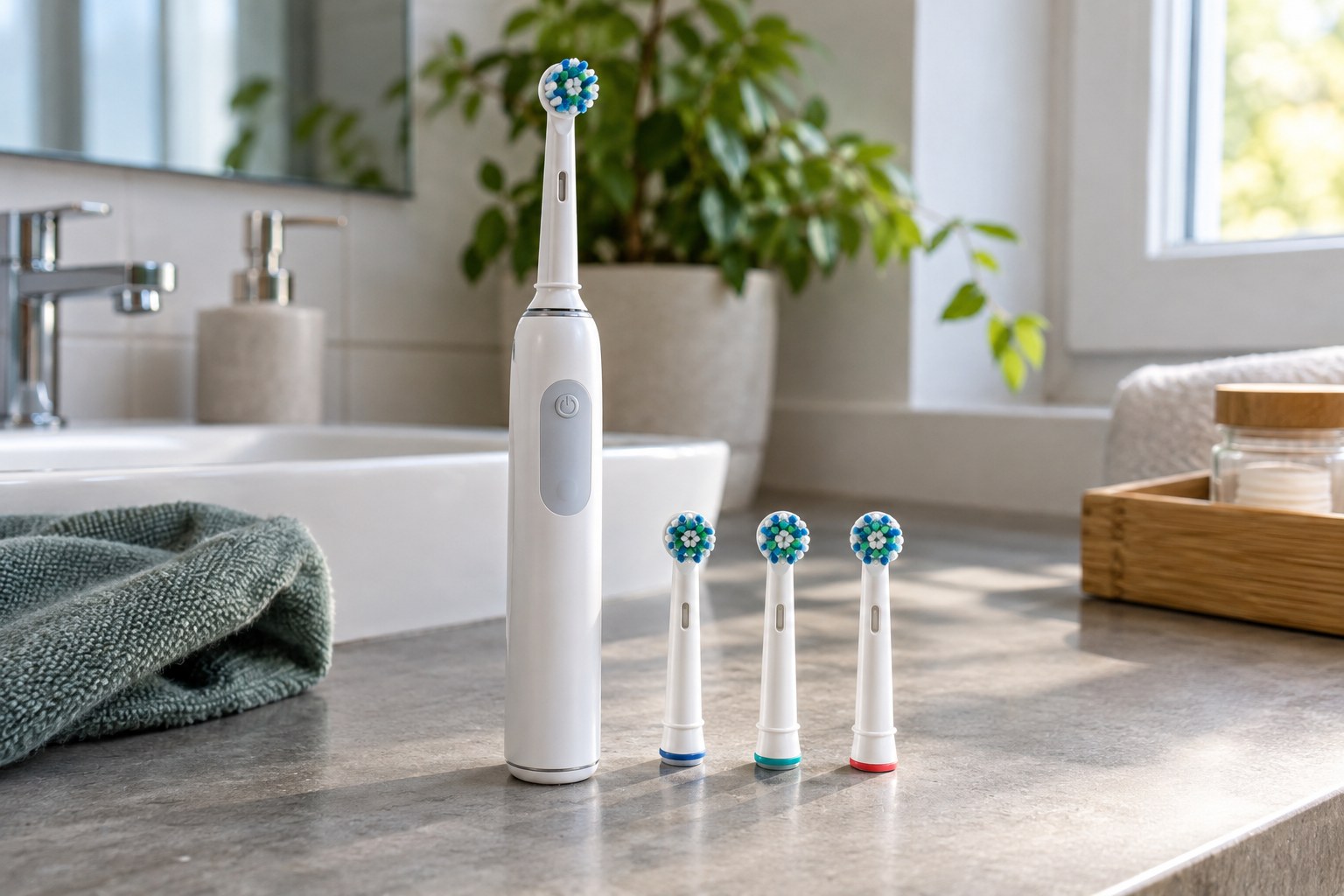 Electric toothbrush handle with three separate replaceable round brush heads on a bathroom counter.