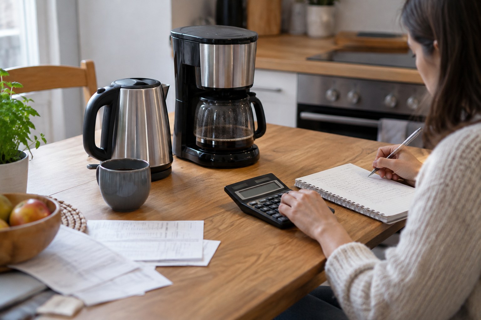 Calculator and notebook beside a small kettle and coffee maker.