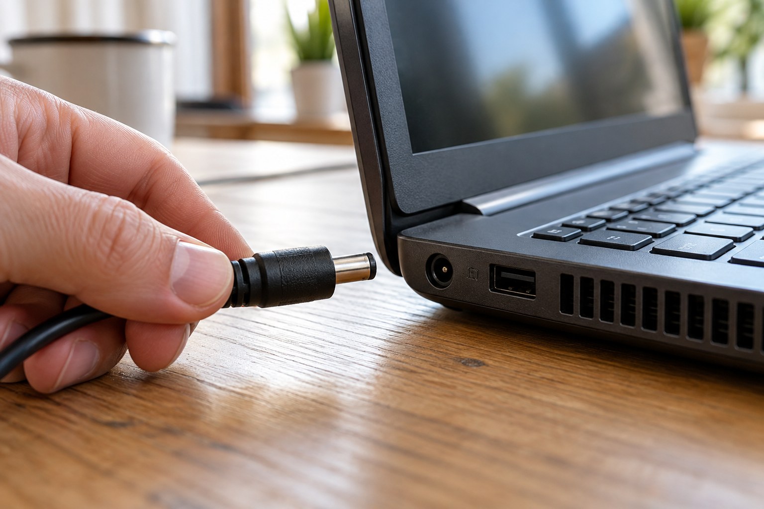 Laptop charging socket and matching disconnected charger connector shown close.