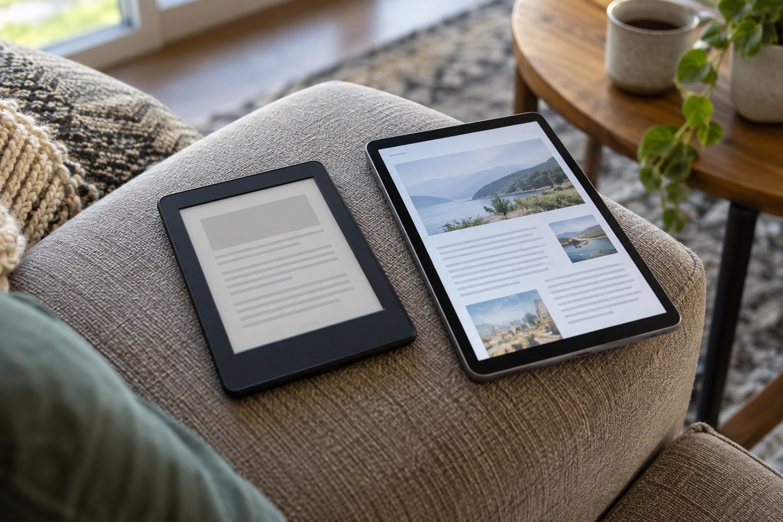 E-ink reader and colour tablet side by side on couch arm.
