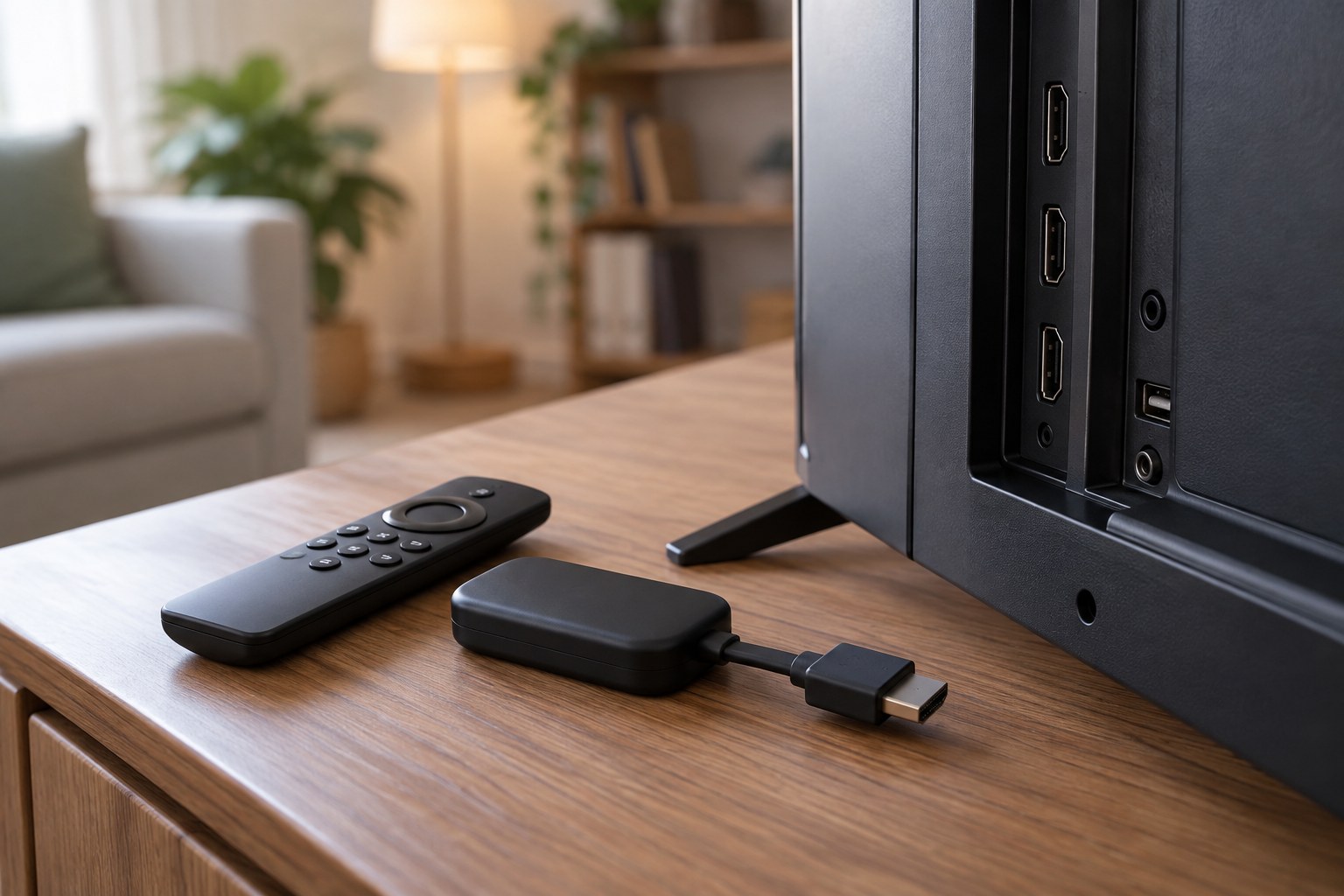 Small streaming dongle and remote beside television.