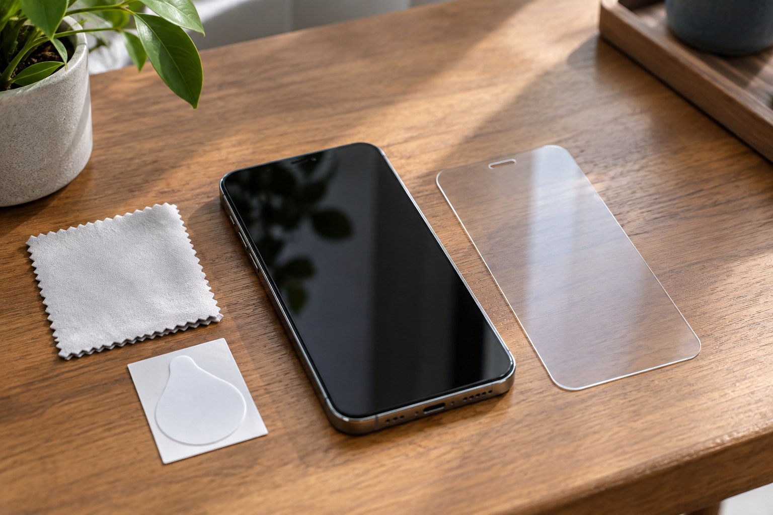 Tempered glass screen protector aligned beside clean smartphone.