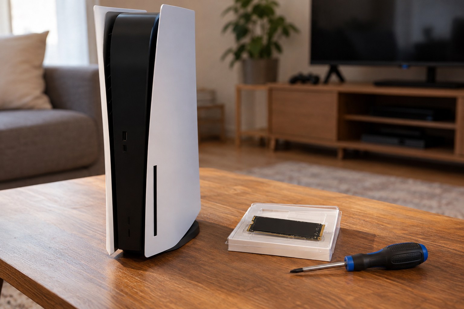 Game console standing beside a packaged solid state storage module and screwdriver.