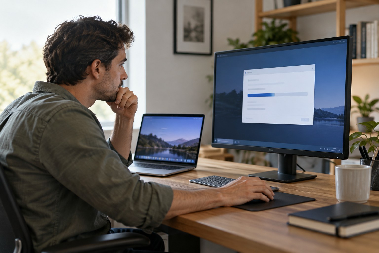 Person reviewing software installation window represented by unreadable UI blocks on desktop monitor.