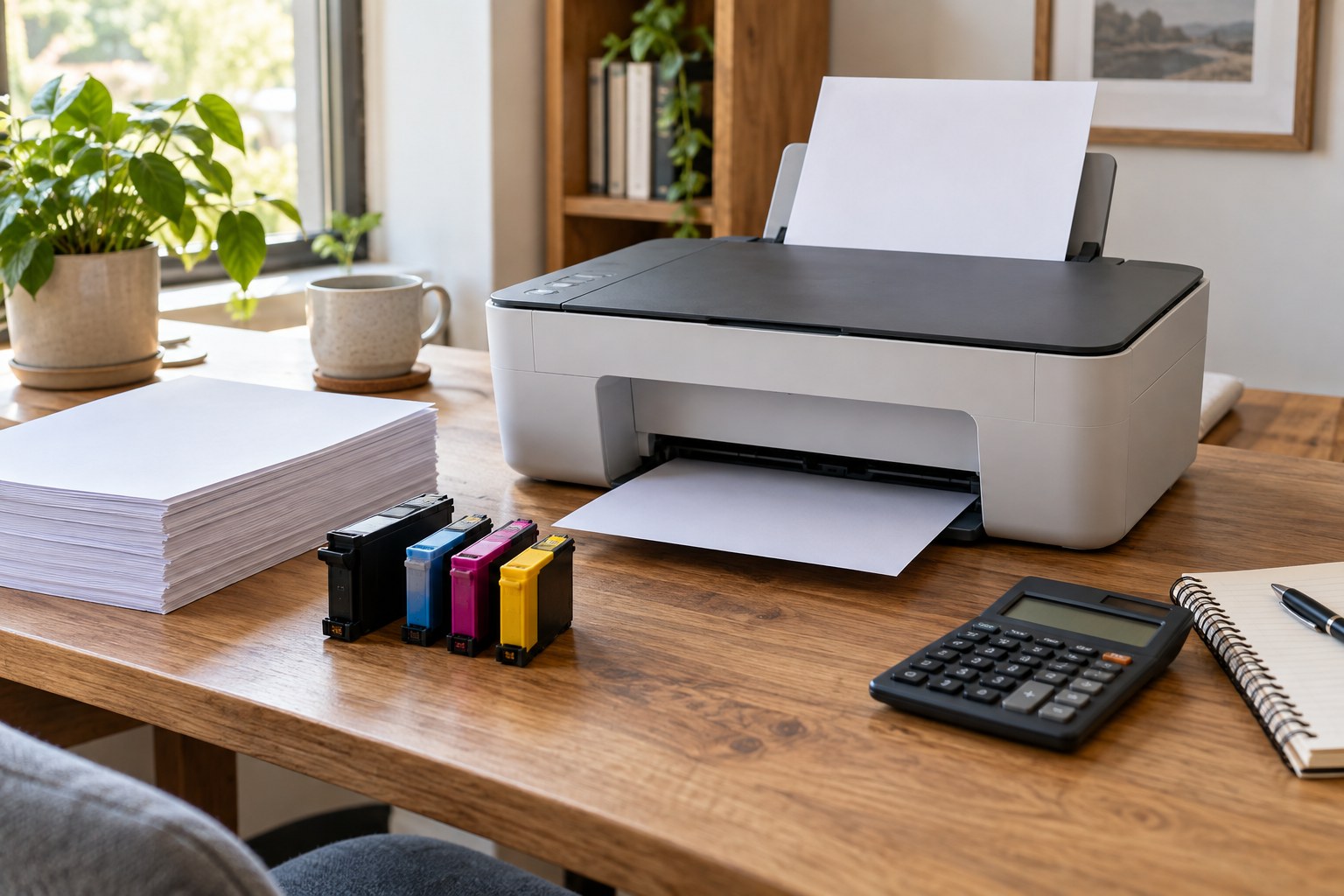 Small home printer with paper stack spare ink cartridges and calculator together on desk.