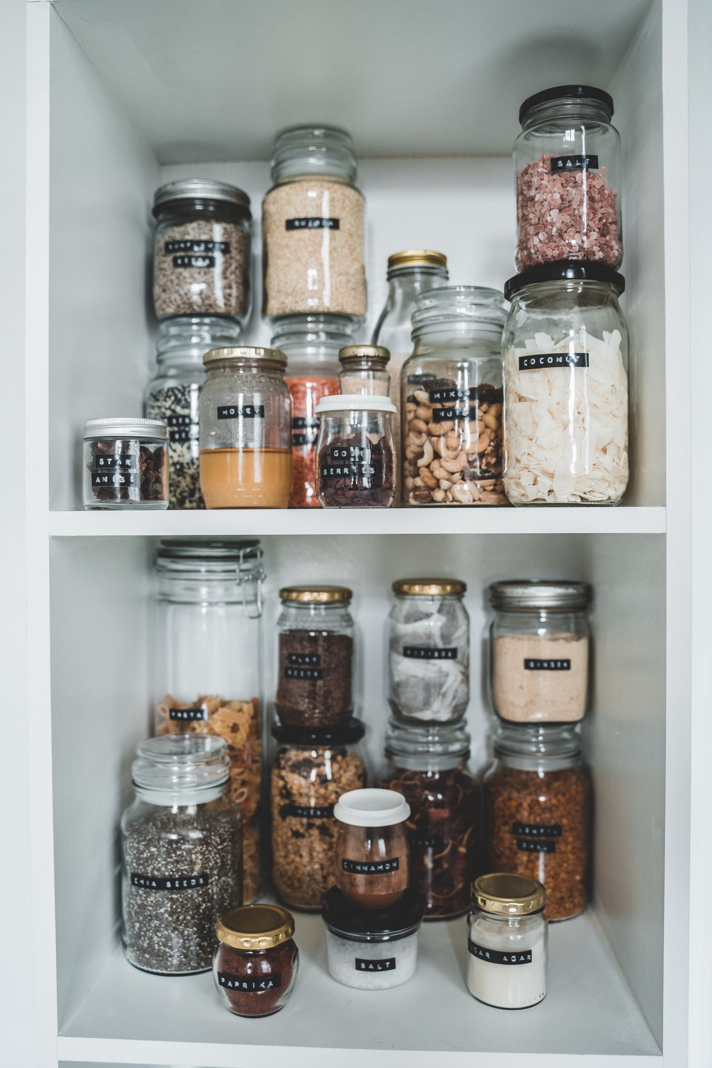 Pantry shelves with glass storage jars