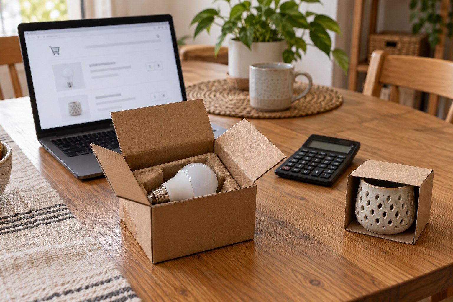 An online shopping basket on a laptop beside a needed parcel, a separate optional tealight holder and a calculator.