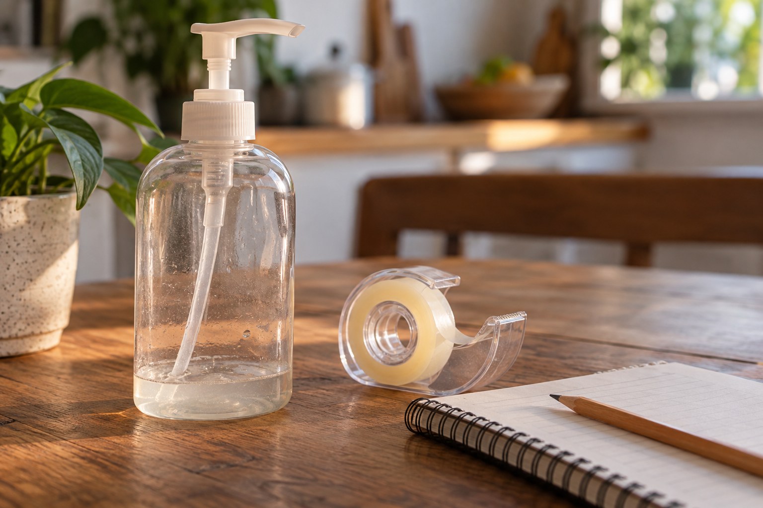 Almost empty soap bottle and nearly used adhesive tape beside notebook and pencil.