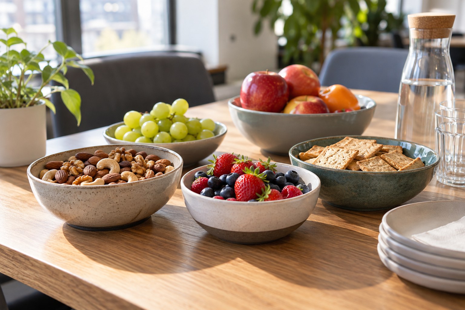 Office break table with small portions of nuts fruit and plain crackers in reusable bowls.