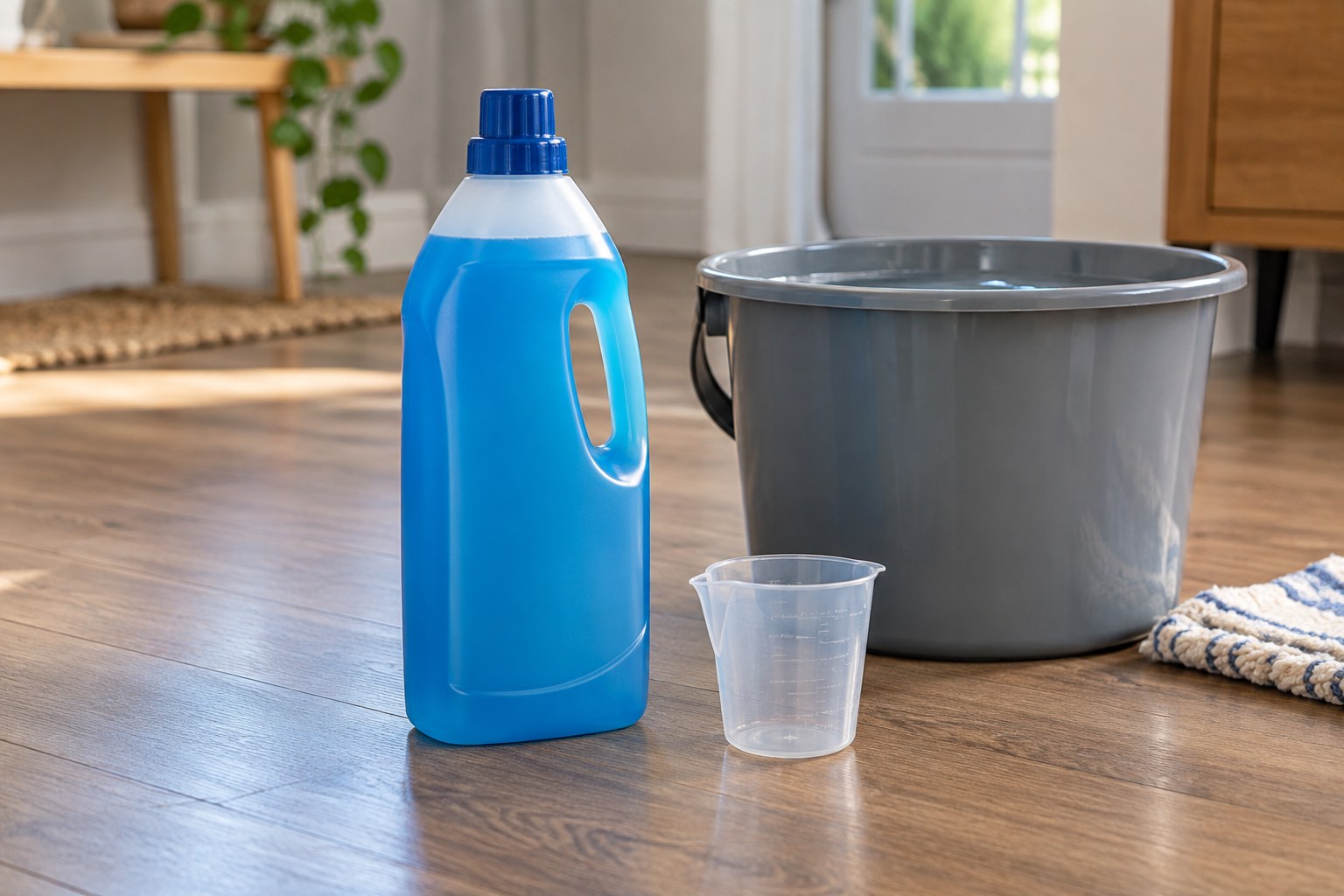 Concentrated household cleaner closed bottle beside a measuring cup and water-filled bucket.