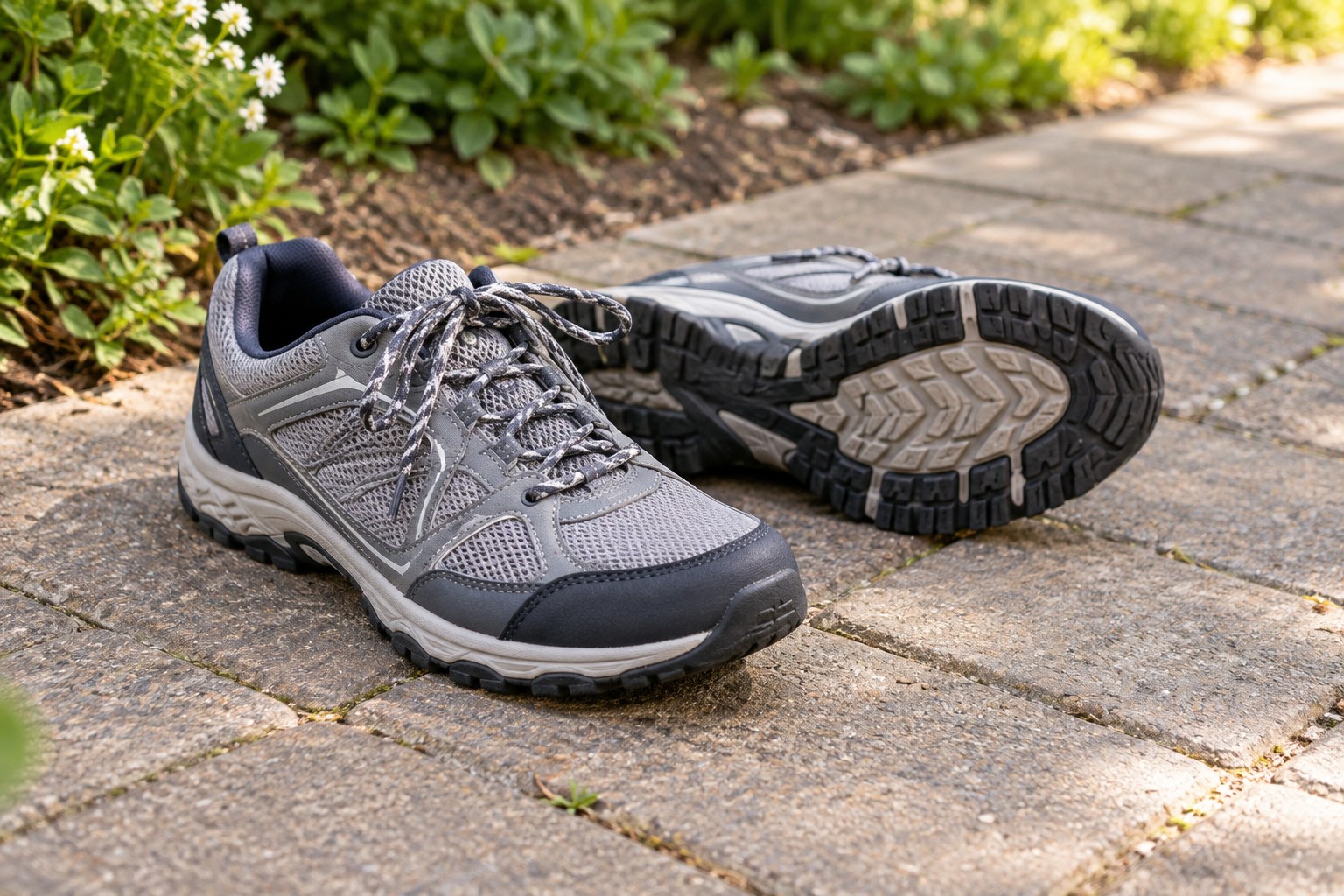 Everyday lace up walking shoes beside paved footpath.
