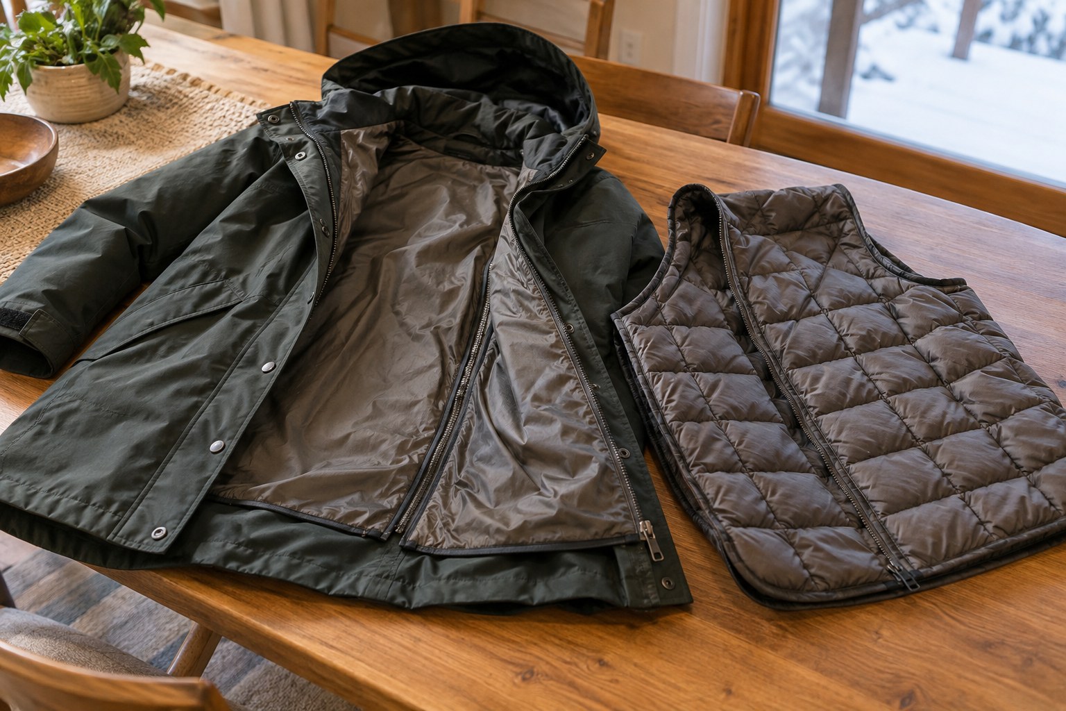 Winter coat laid open on table with detachable inner lining unzipped beside it.
