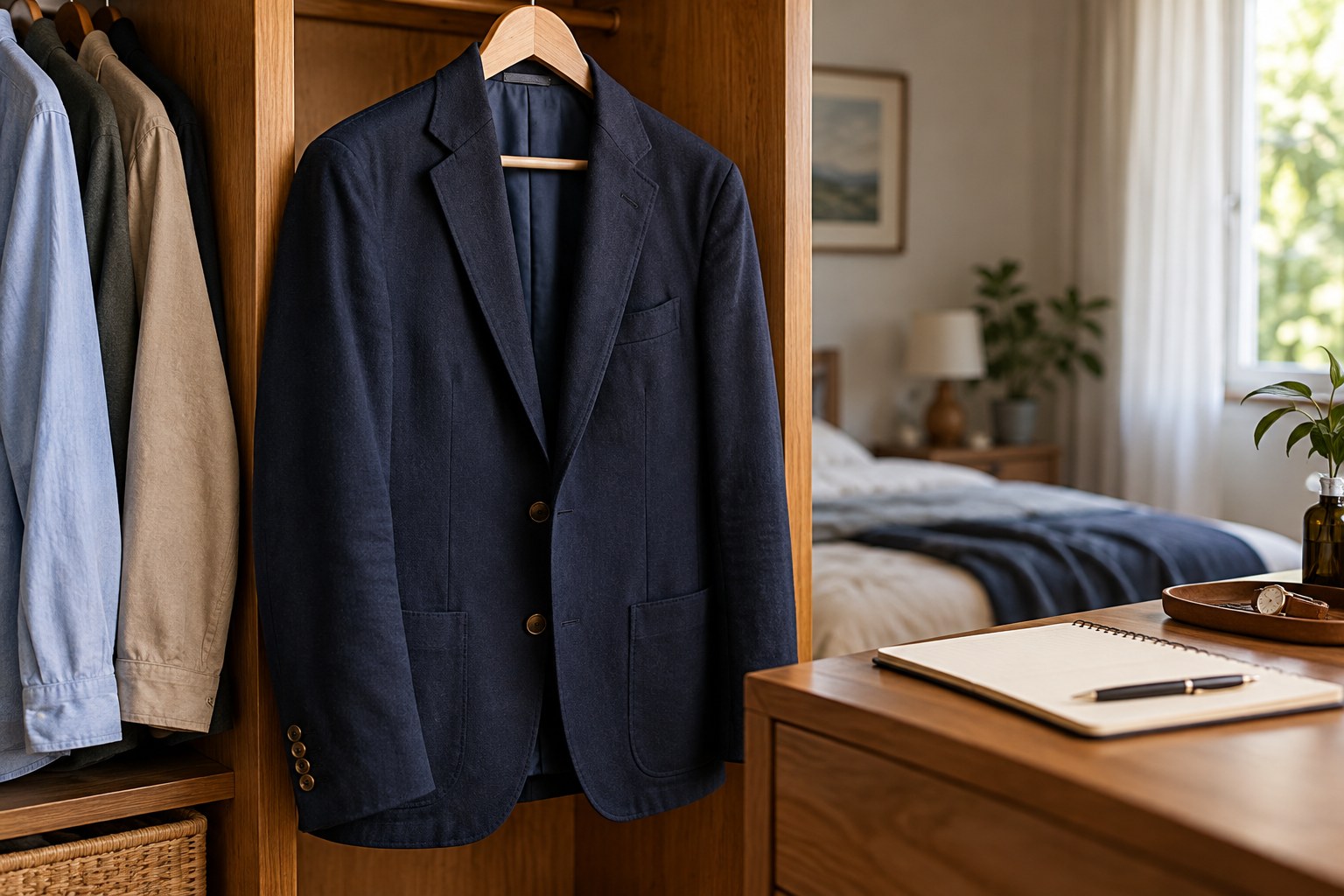 Well-used navy blazer on hanger beside a wardrobe notebook.