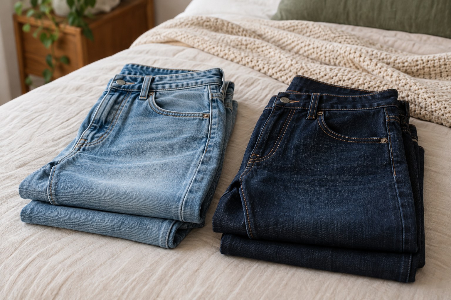 Two pairs of plain denim jeans folded beside each other showing waistband and leg cut.