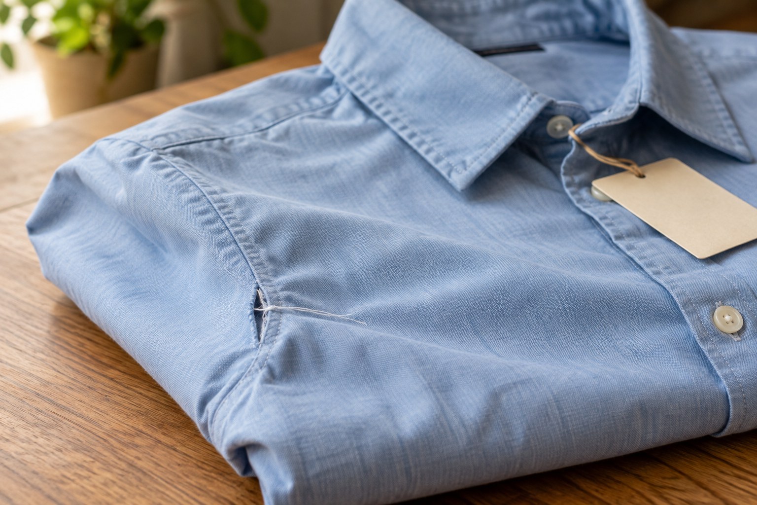 Close view of a small loose seam on an otherwise intact cotton shirt on shop table.