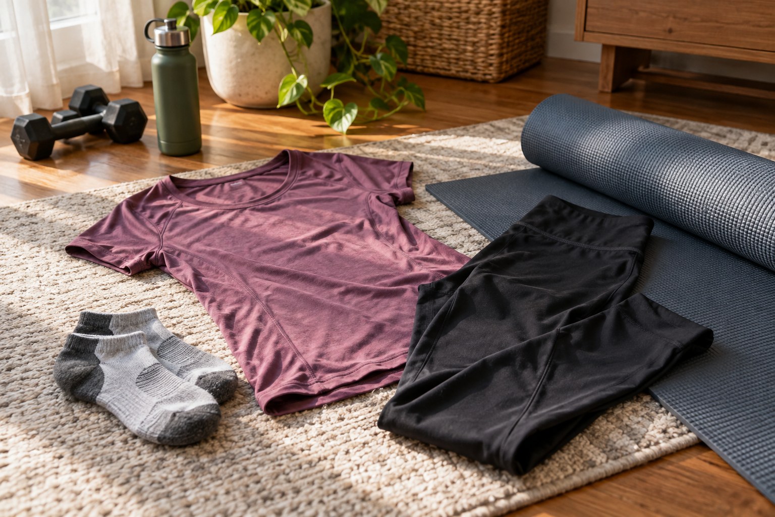 Running shirt leggings and socks laid out beside a yoga mat in a home workout space.