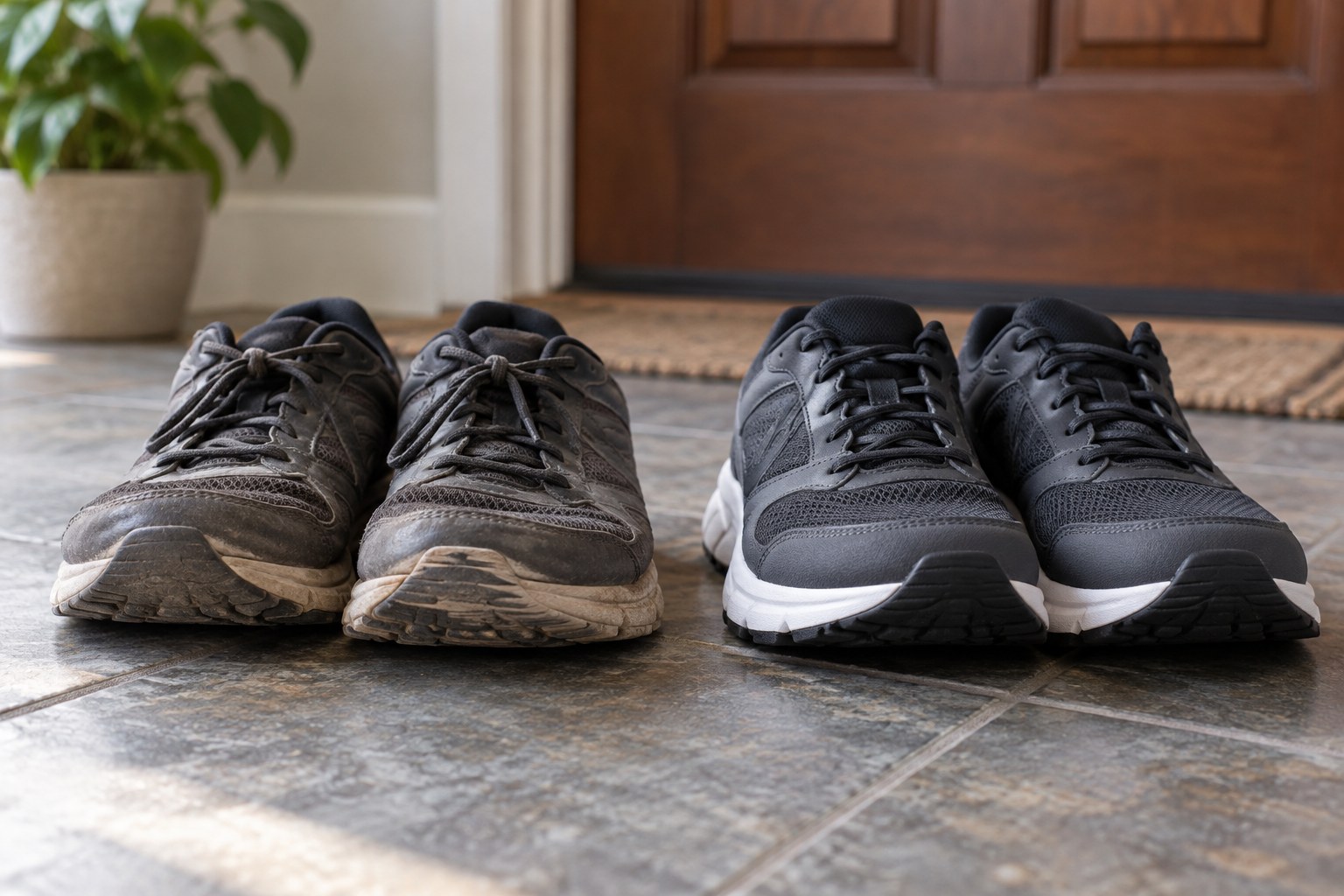 Worn everyday shoes showing visibly thinning sole beside an intact newer pair.