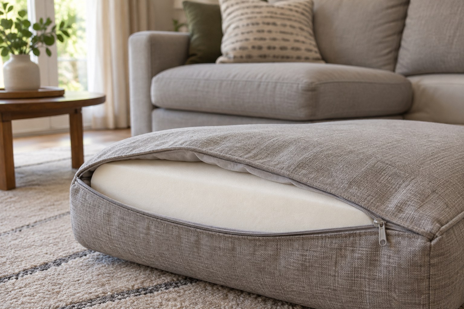 Sofa cushion with zip cover partly removed revealing foam insert.