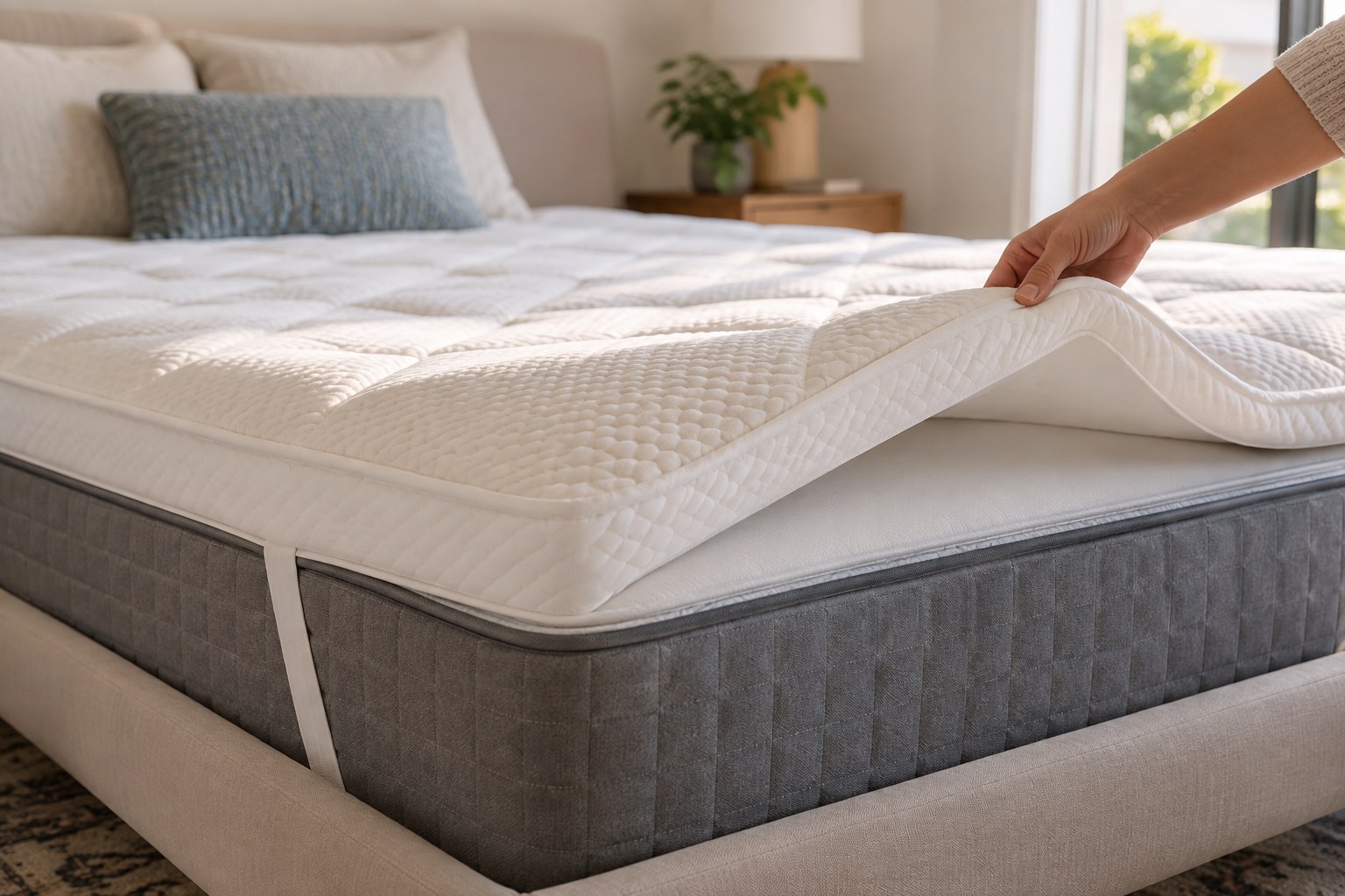 Mattress topper lifted at corner on bed to show its distinct layer over mattress.