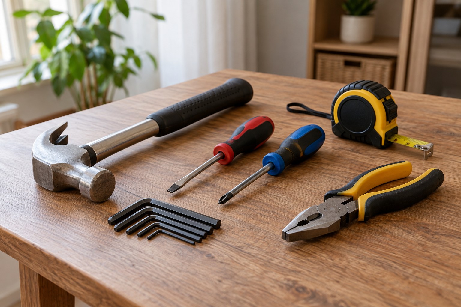 Basic household assembly kit: claw hammer two screwdrivers hex keys tape measure and pliers on clean table.