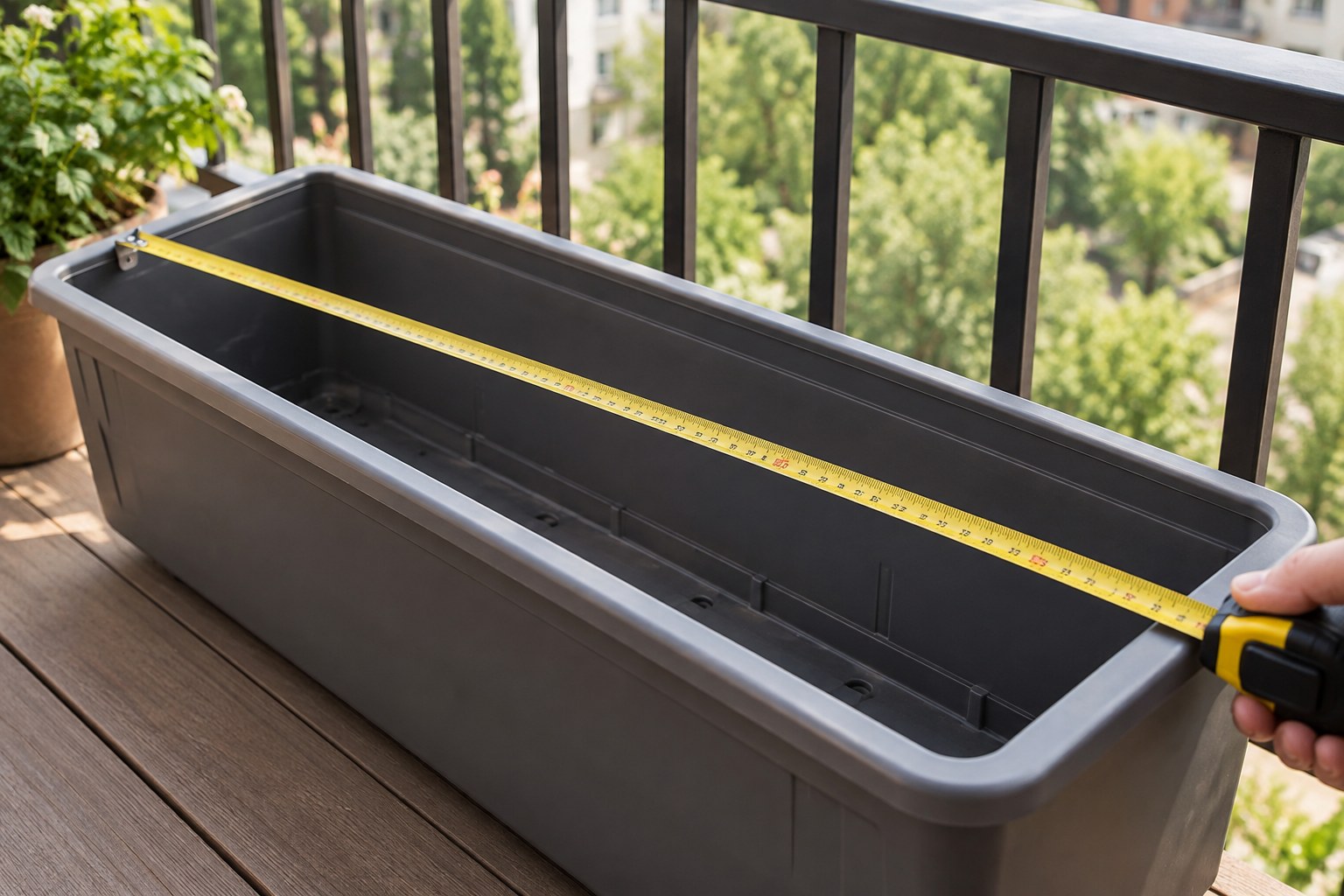Tape measure across an empty balcony planter before filling.
