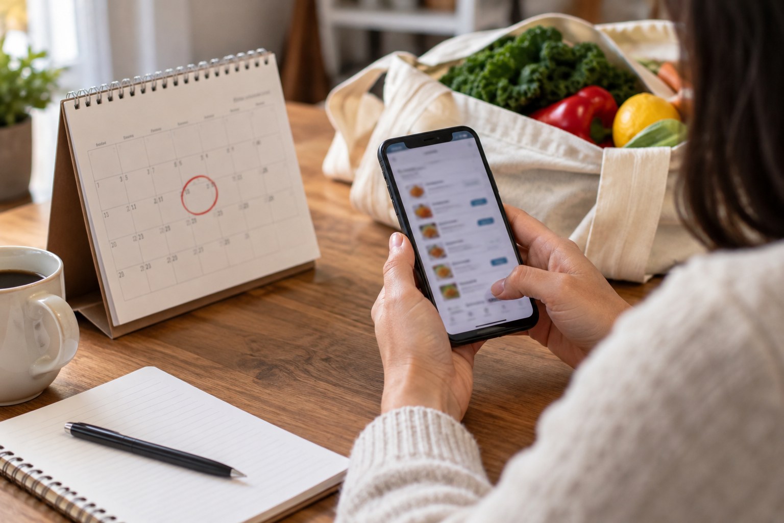 Paper desk calendar with one day circled and a smartphone displaying unreadable subscription interface.