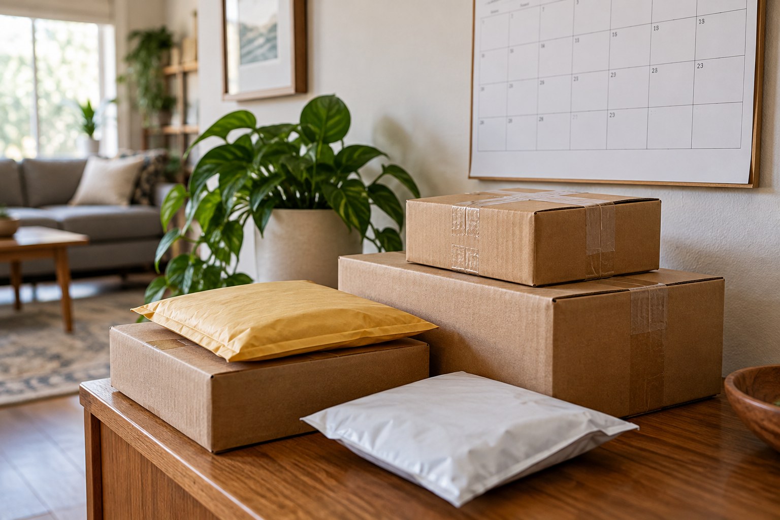 Several delivery parcels of different sizes next to a monthly wall calendar.