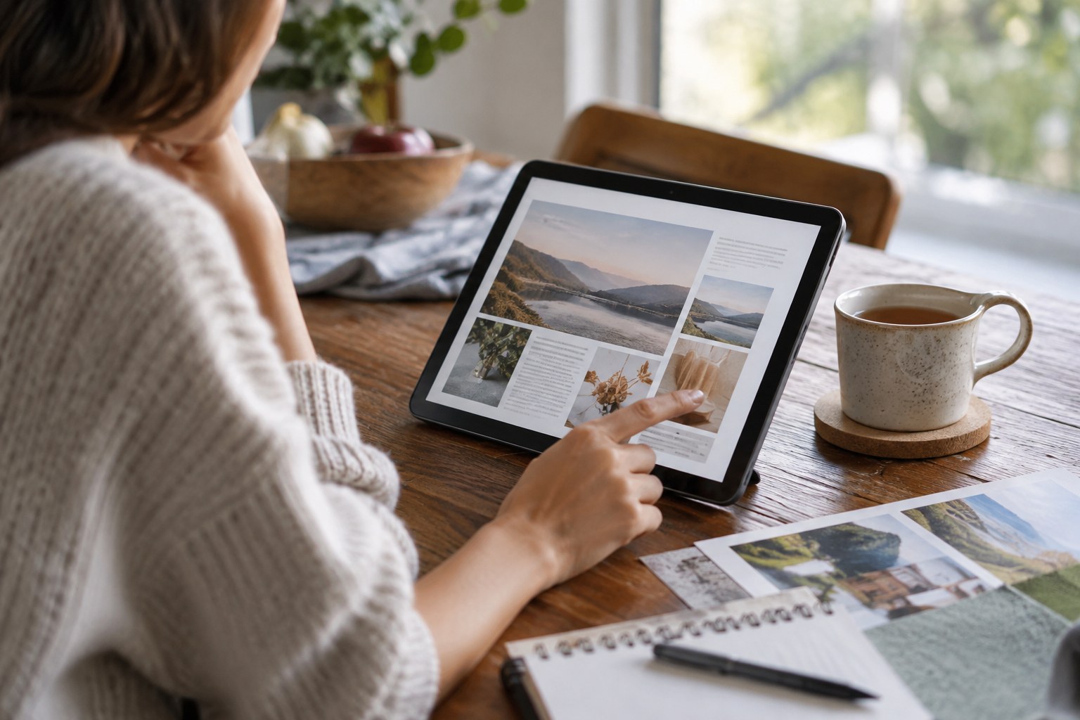 Tablet displaying generic magazine layout with abstract landscape blocks beside a cup of tea.