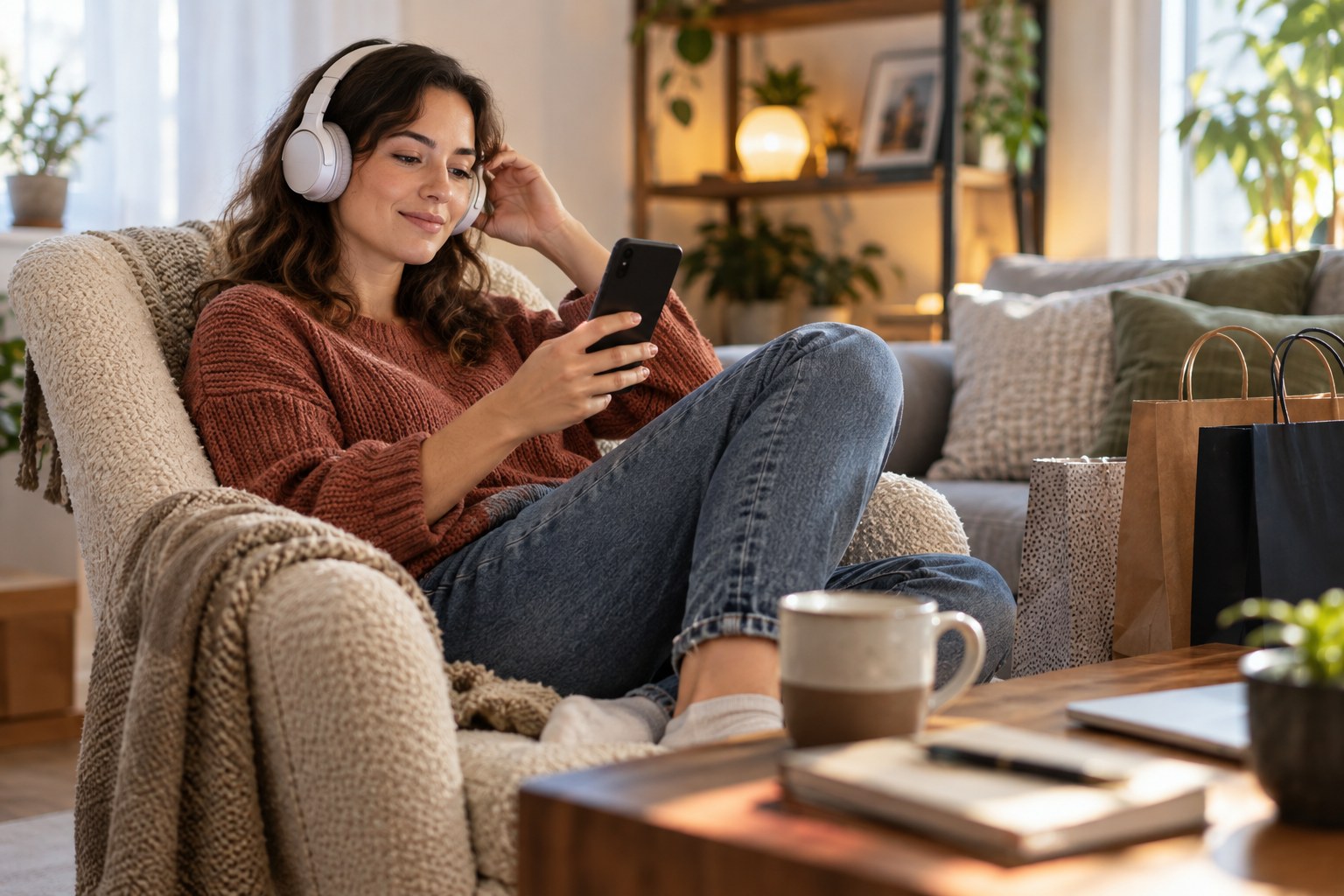 Adult listening through headphones while holding smartphone on a comfortable chair.