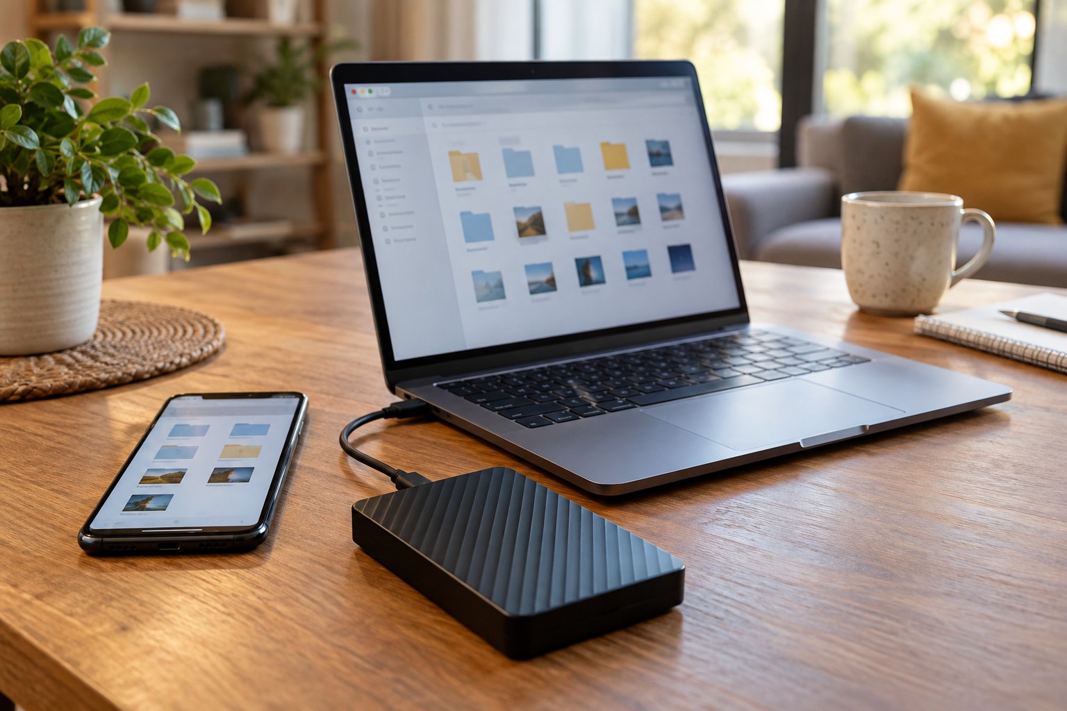 Laptop and phone beside external backup drive.