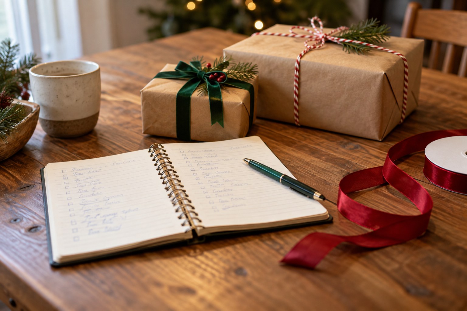 Handwritten gift planning notebook with unreadable entries beside two plain wrapped gifts and ribbon.
